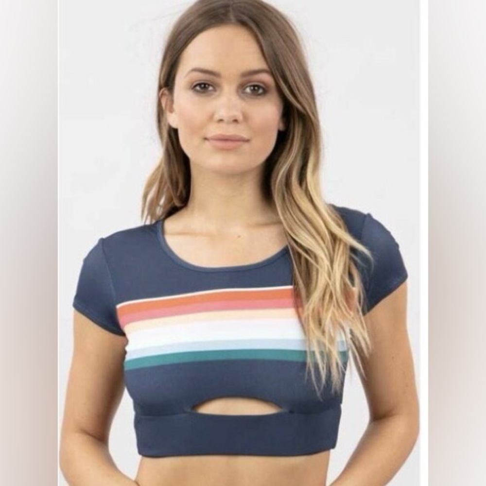 Rip Curl Women’s Retro Stripe Short Sleeve Crop Bikini Top XL Beach
